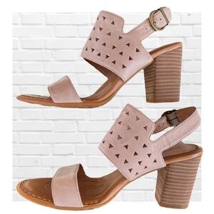 Born Women’s 9 Leather Nude Beige Stacked Heel Open Toe Sling Back Sandals